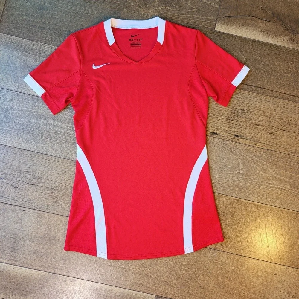 Nike Womens Dri-FIT Soccer Jersey Red White V-Neck Athletic Training Shirt Small
